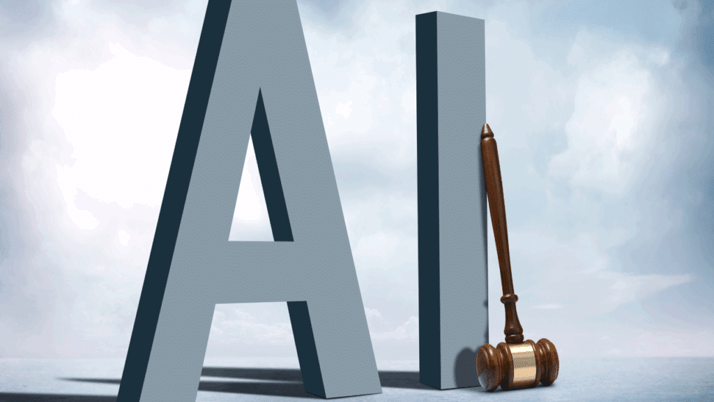 Large bubble letters "A" and "I" that stand for artificial intelligence with a gavel sitting up against the "I"