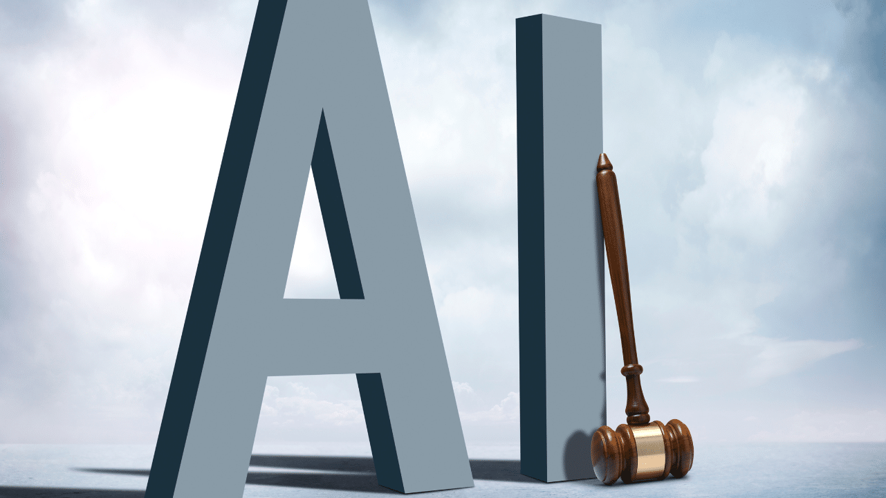 Large bubble letters "A" and "I" that stand for artificial intelligence with a gavel sitting up against the "I"