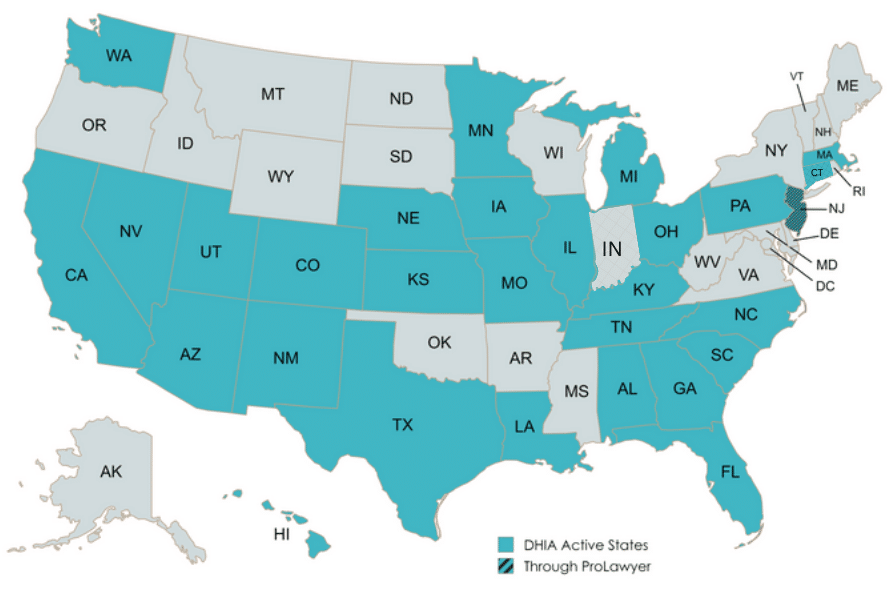 DHIA Sub-Producer State Map 2: a colored map of the states where the DHIA Sub-Producer Team can actively sell insurance (map was created with mapchart.net)