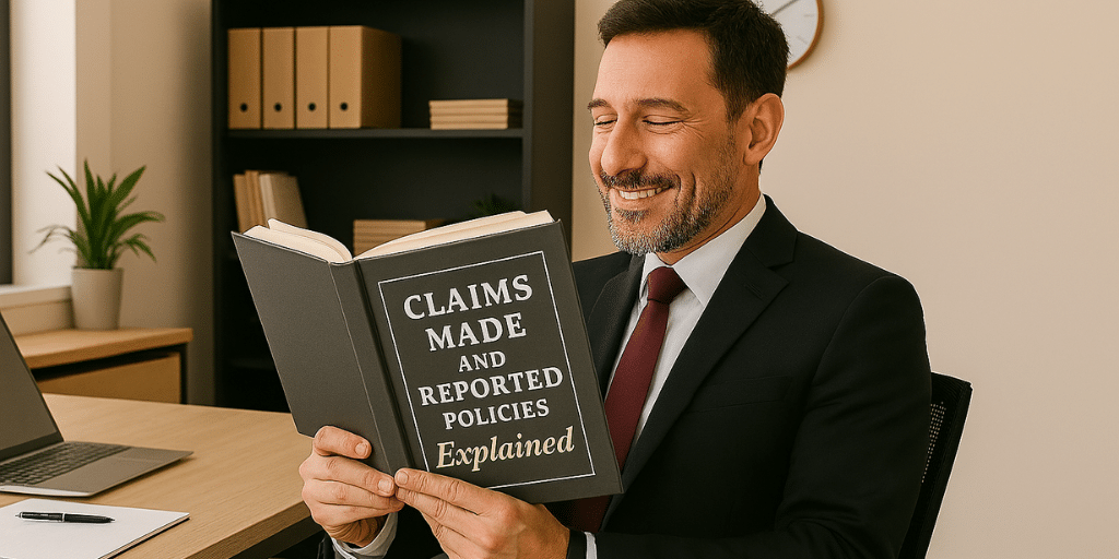 A man in a busines suit is sitting at the desk smiling while reading a book that says "Claims Made and Reported Policies Explained" on the cover