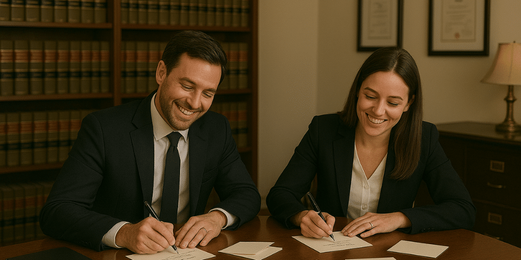 A man and a women dressed in suites sitting at a desk writing inside cards they are going to send out to their clients and prospects