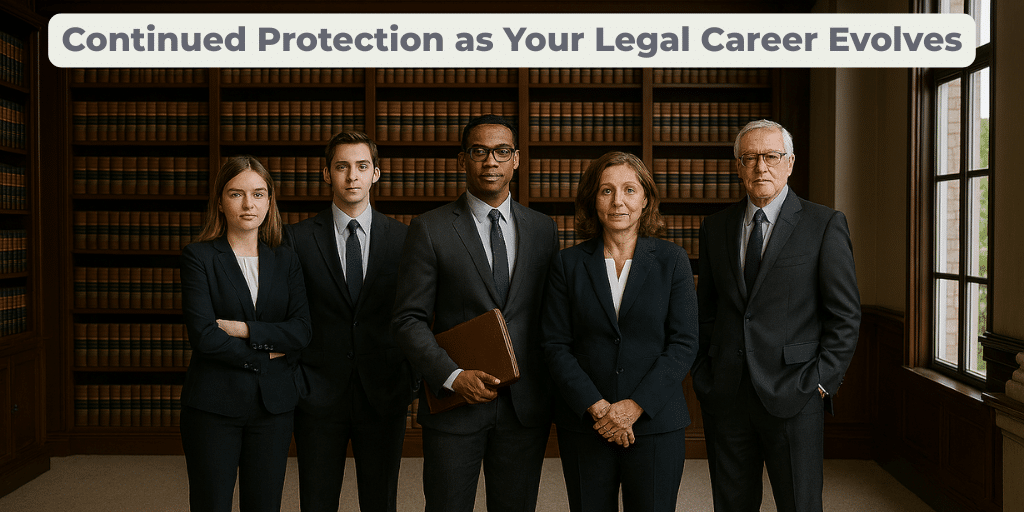 Image of 5 business professional standing together dressed in suits. Above their heads says "Continued Protection as Your Legal Career Evolves"