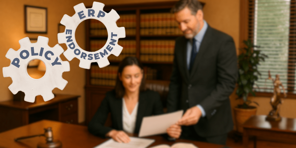 Image of a women and man professional interacting. They are blurred out and there is an image of two wheels working together that say "policy" and "erp endorsement"