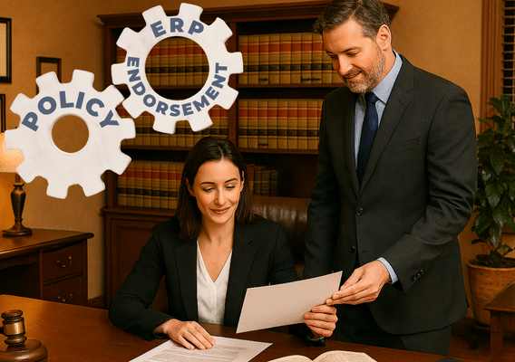 Image of a women and man professional interacting. There is an image of two wheels at the upper left working together that say "policy" and "erp endorsement"
