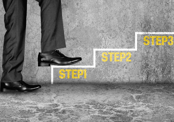 Image of a person's legs and feet, showing them climbing stairs. Under each stair says "step 1", "step 2, "step 3" in yellow text.