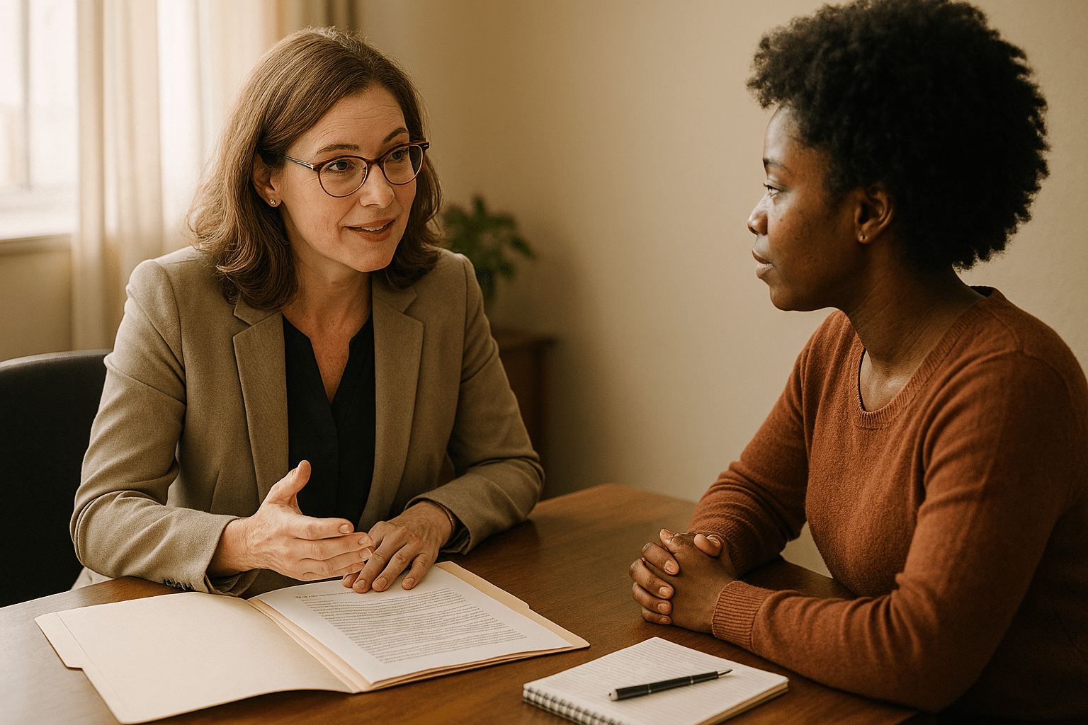 A woman lawyer talking to a woman client at a desk with papers in front of them.