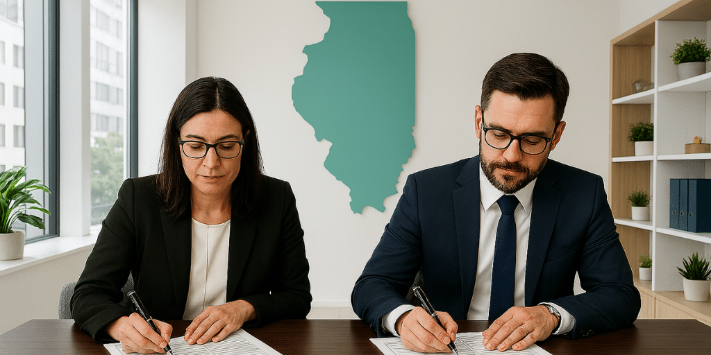 Image of two business professional writing on a desk with a big turquoise image of the state of Illinois in the background