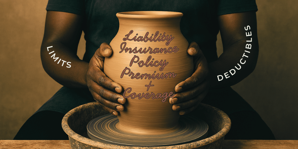 Person sitting at a kiln sculpting a vase with “liability insurance policy premium + coverage” written on the front.