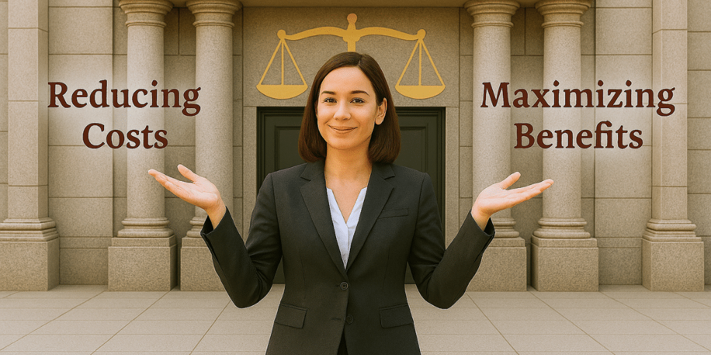 Image of a woman standing outside a courthouse with justice arm above her head. "Reducing costs" written to the left and "Maximizing benefits" to the right.