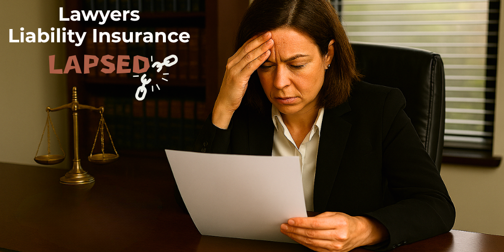 A woman lawyer in a business suite that is holding her head due to stress. The text in the image says "Lawyers Liability Insurance LAPSED" with a broken chain.