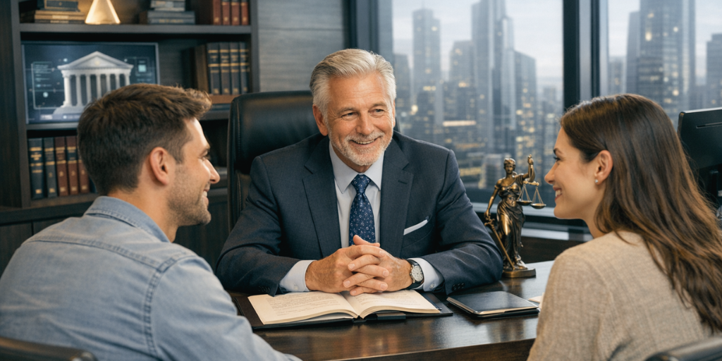 Business man sitting at a desk with hands folded. Talking to a man and woman who are smiling.
