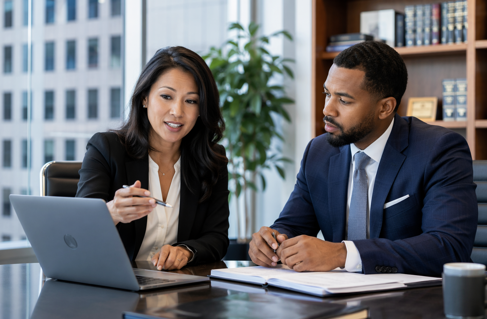 A man and a women business professional sitting at a desk talking to each other