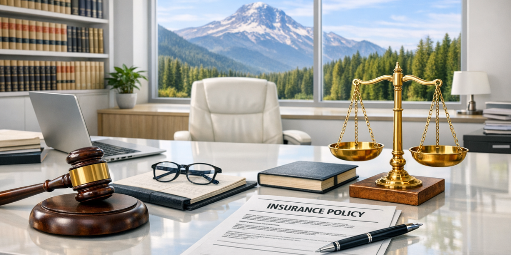 Desk at a law firm with a malpractice insurance policy document sitting at the front of the desk.