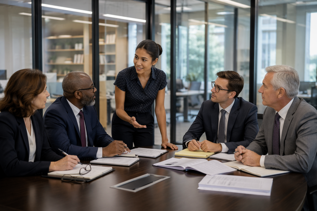 5 business professionals sitting around a table having a discussion
