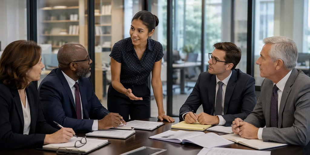 5 business professionals sitting around a table having a discussion