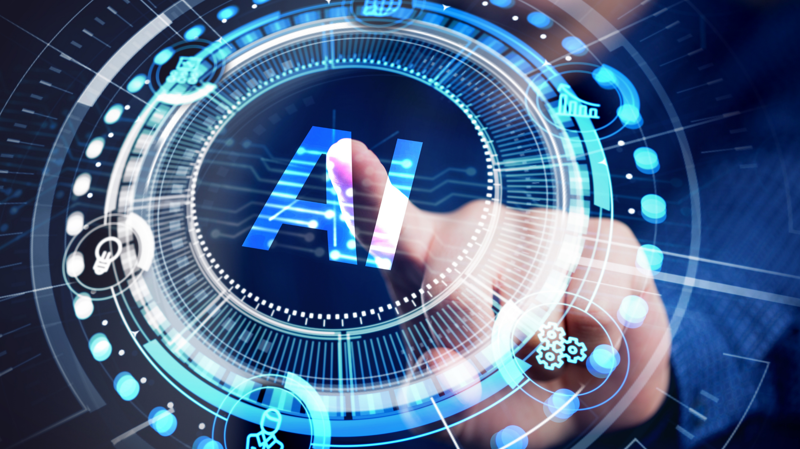Image of the letters "AI" in the middle of a circle with a finger pointing at the "A"