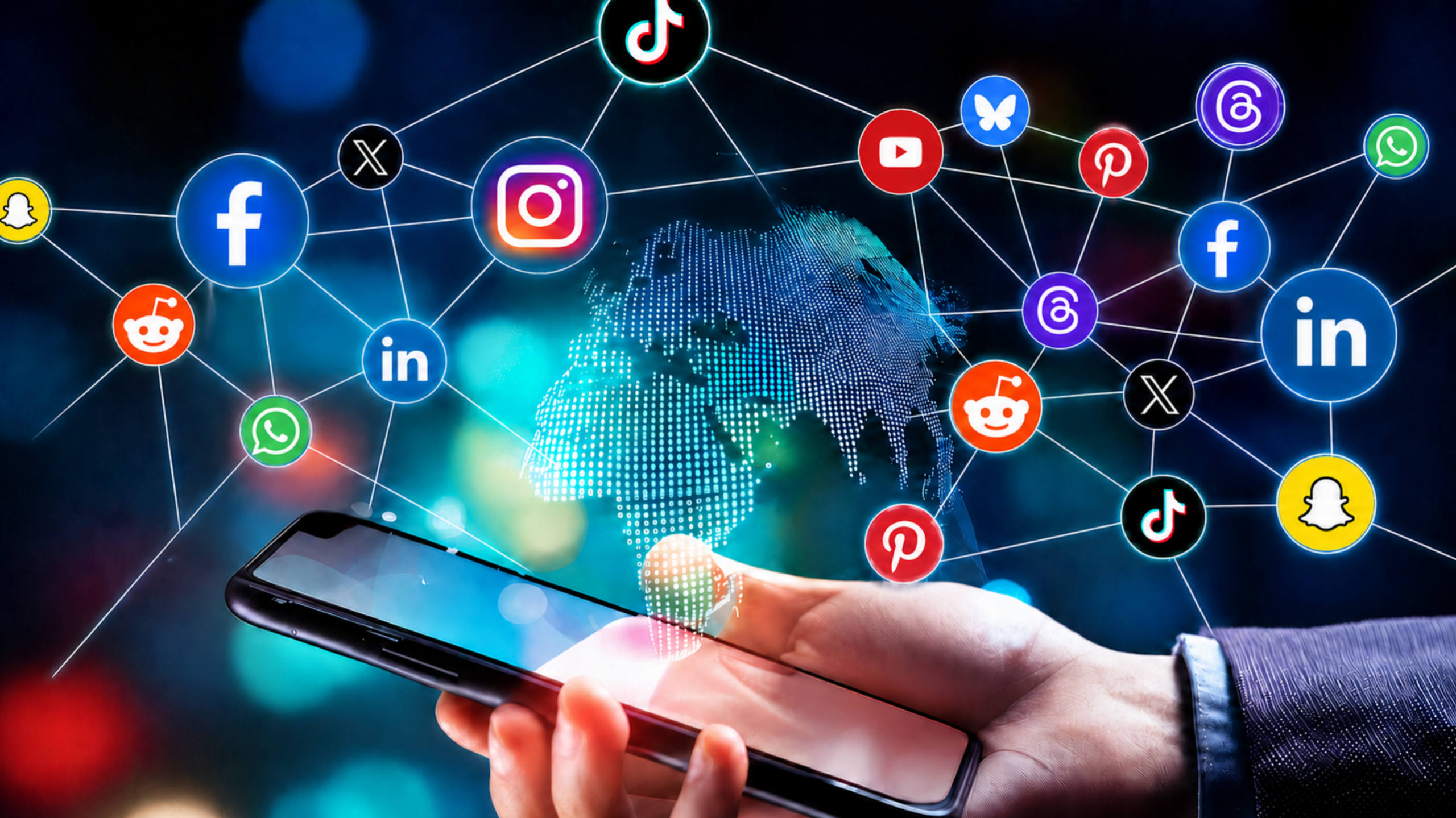 Person's hand holding a cell phone with social media icons all over the image.