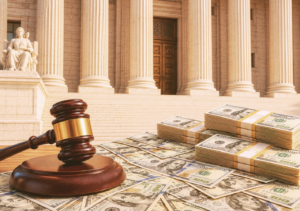 Image of money sitting in front of a court house with a gavel to the left of the pile of money
