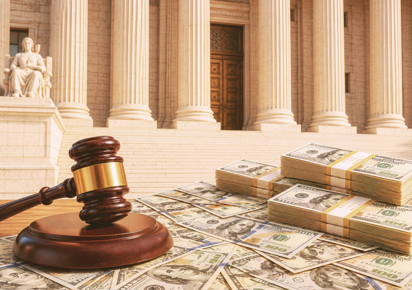 Image of money sitting in front of a court house with a gavel to the left of the pile of money