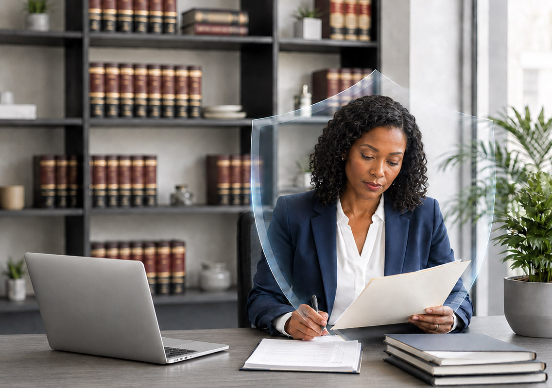 Woman in office sitting at a desk working. Clear shield image around her body showing protection.