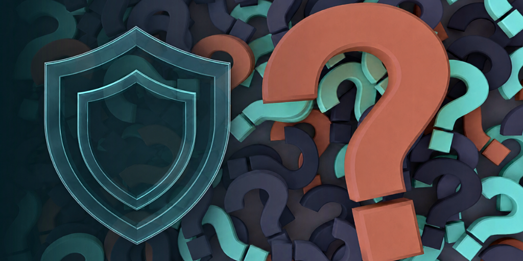 Image of a shield icon on the left and an orange question mark on the right.
