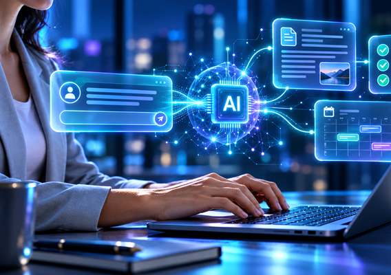 Women typing on a laptop with icon of "AI" in the middle of the screen with computer images coming off of the icon
