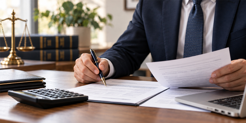 Image of a business professional wearing a suit writing on a piece of paper on a desk. Justice scale in the background.