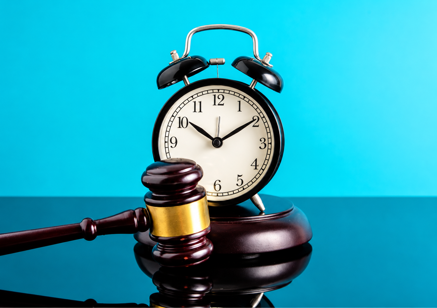 Image of a clock with a gavel in front of it. Turquoise background