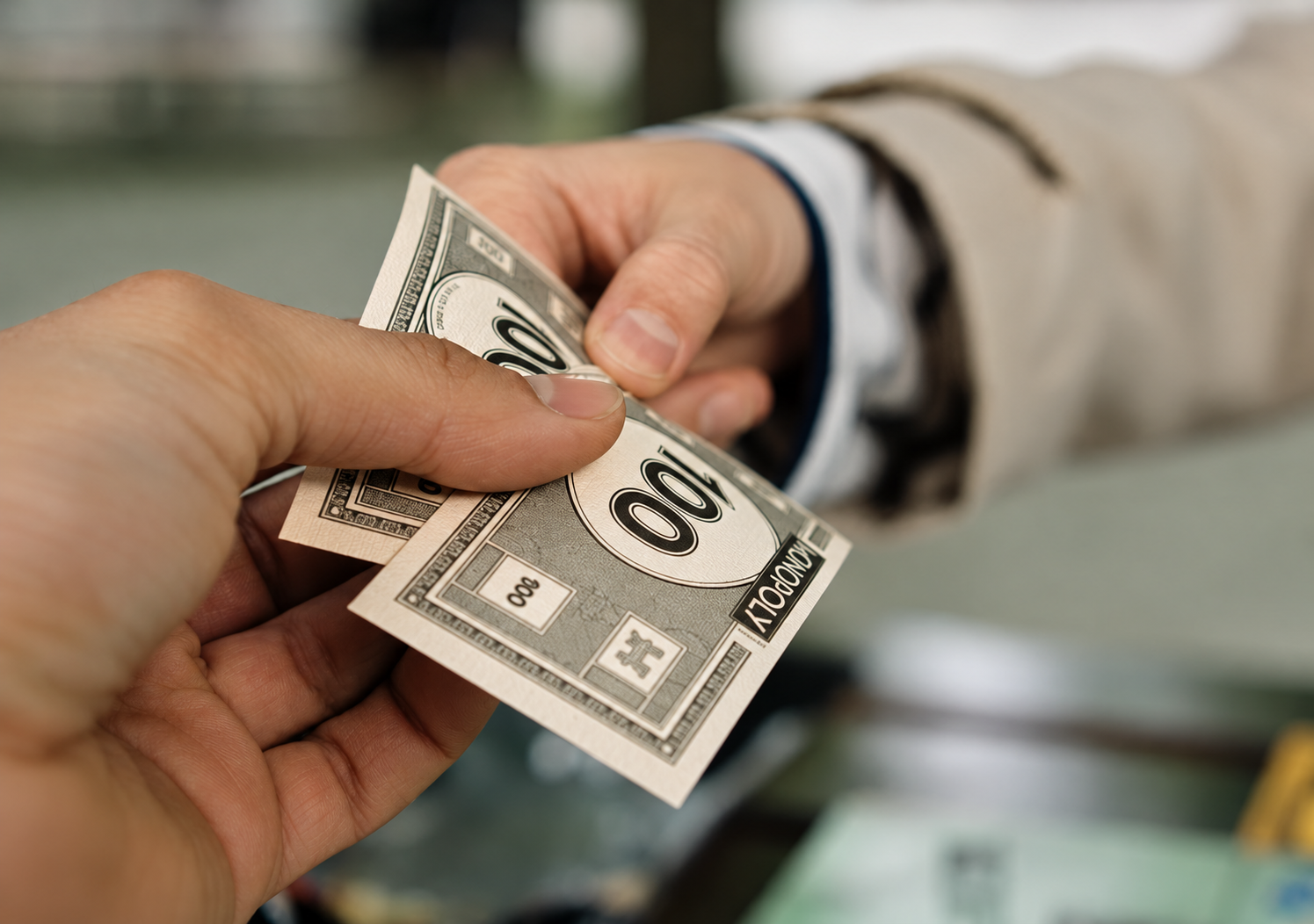 Someone handing monopoly money to another person